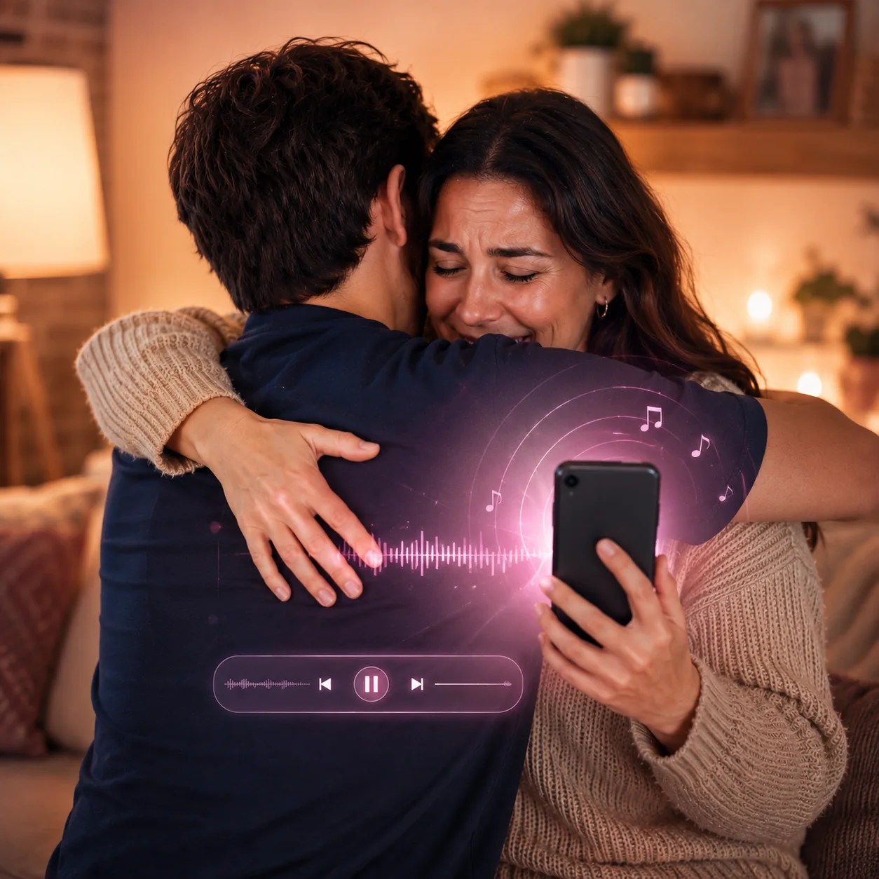 Madre emocionada abrazando a su hijo mientras escucha la canción que él le regaló